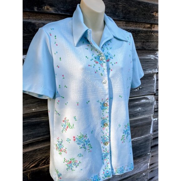 Vintage MOD 1970s Smartique Hippy BlueFloral Ladies Shirt - Picture 5 of 12